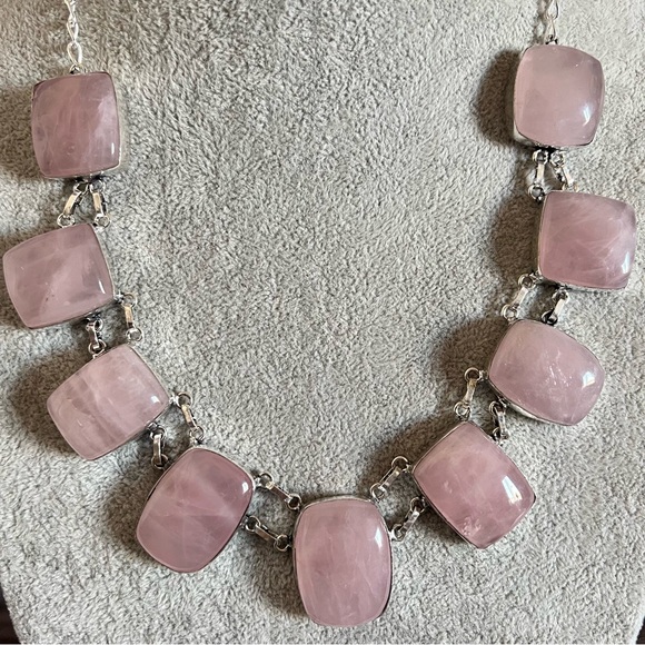 New Natural Rose Quartz Crystal Stone Silver Overlay Cluster Statement Necklace - Picture 3 of 11
